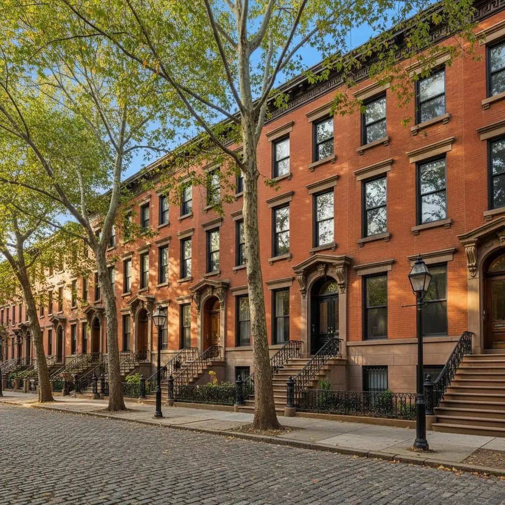 Brownstone row houses in a Jersey City neighborhood